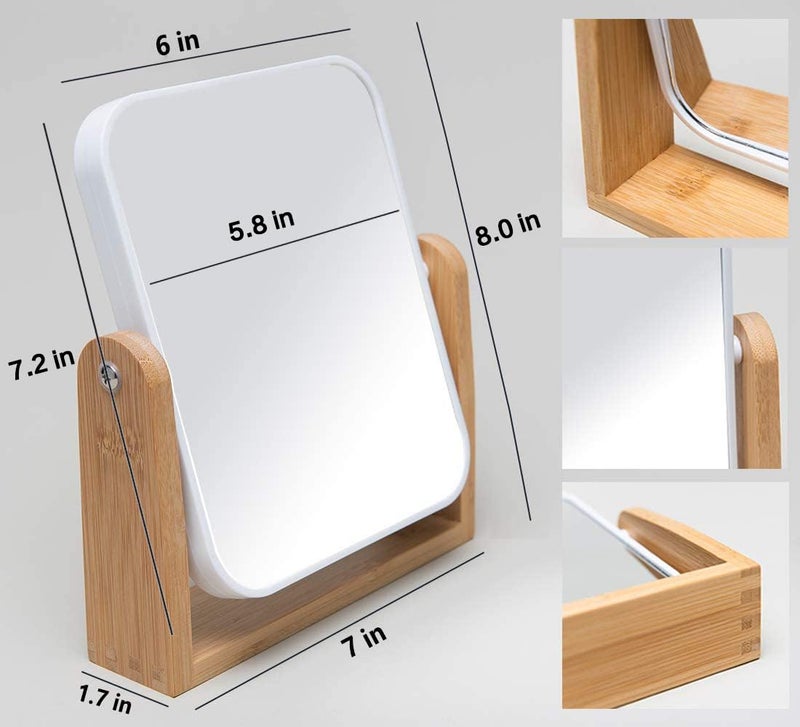 YEAKE Vanity Makeup Mirror with Natural Bamboo Stand, 8 Inch Double Sided 360 Degree Swivel Magnifying Mirror for Table, Desk, Countertop Shaving Make Up - Image 3